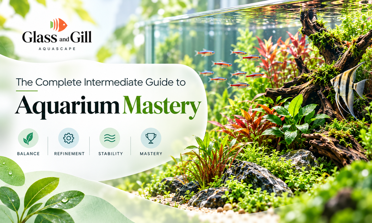 Intermediate aquarium mastery banner showing a mature, balanced planted freshwater aquarium.