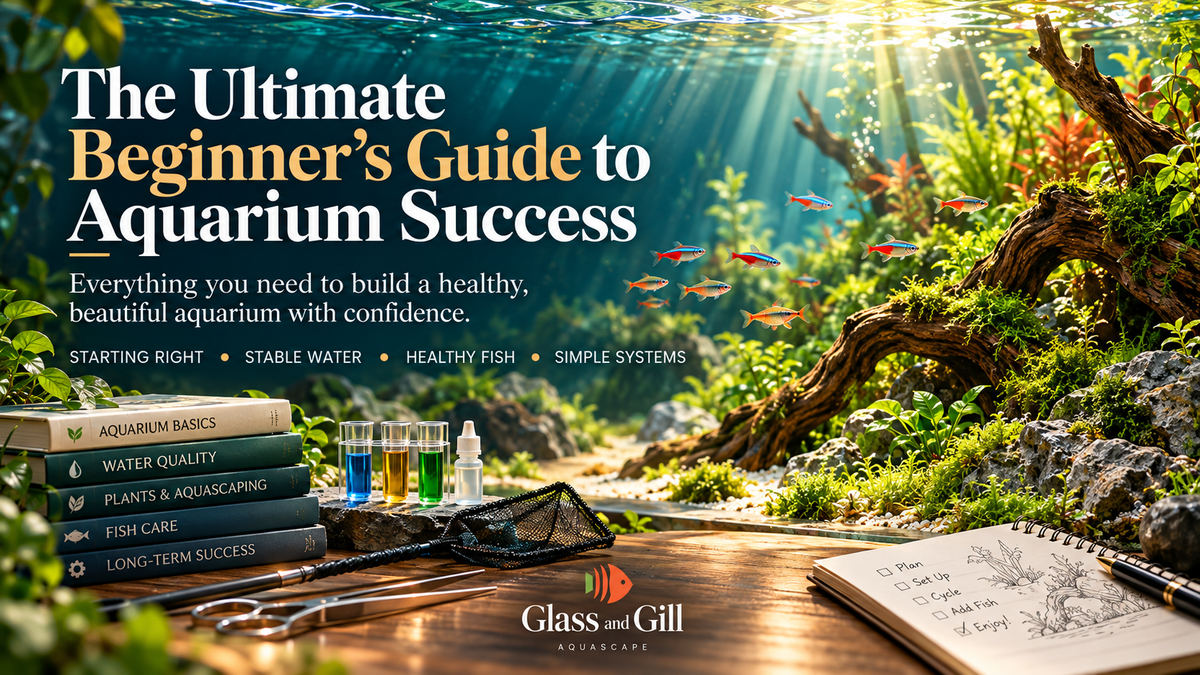 Beginner aquarium success guide banner with a premium freshwater aquarium scene and clear introductory beginner branding.