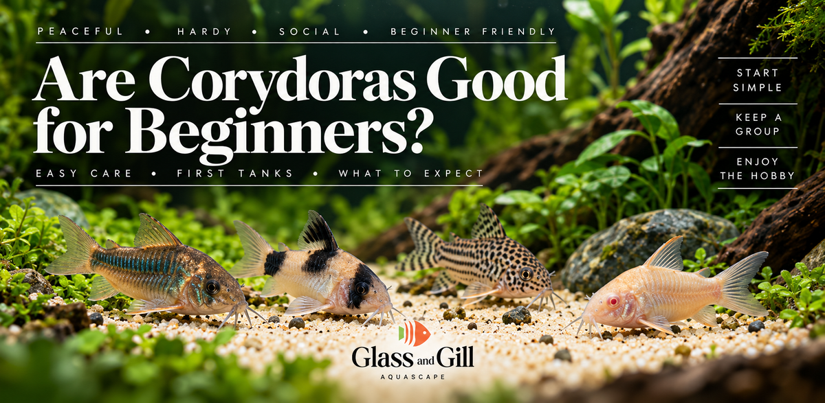 Beginner-friendly Corydoras species including panda, bronze, peppered and albino Corydoras in a planted aquarium.