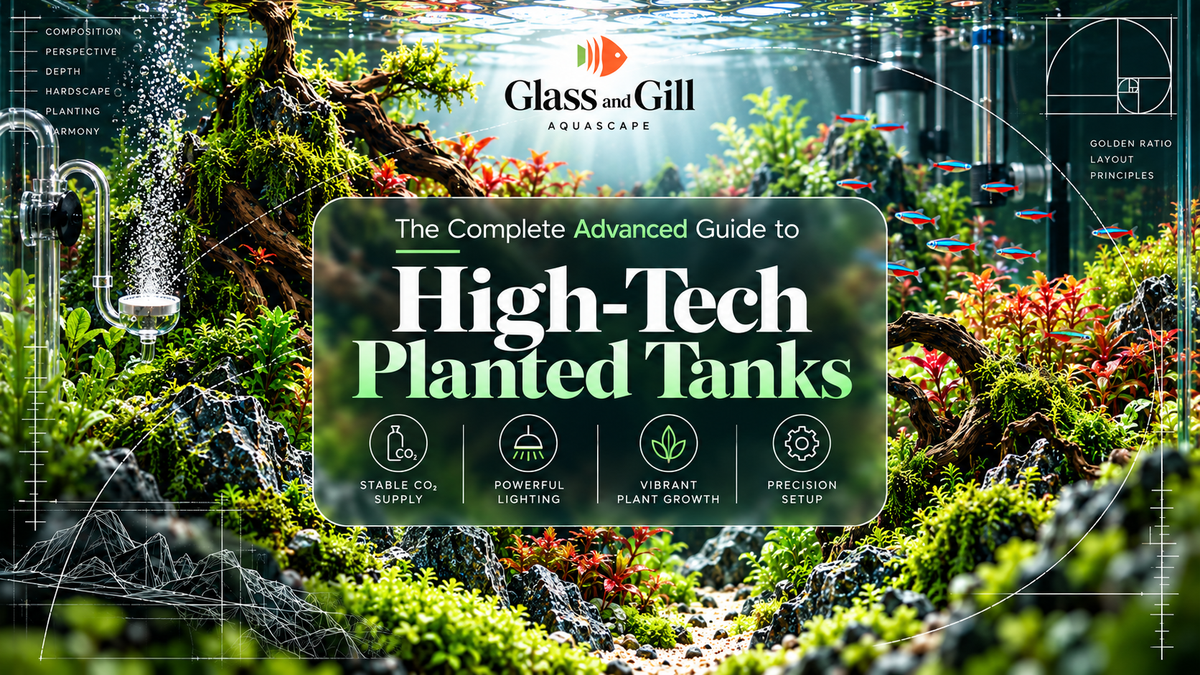 High-tech planted aquarium banner showing dense plant growth, advanced lighting and controlled CO2 in a premium aquascape.