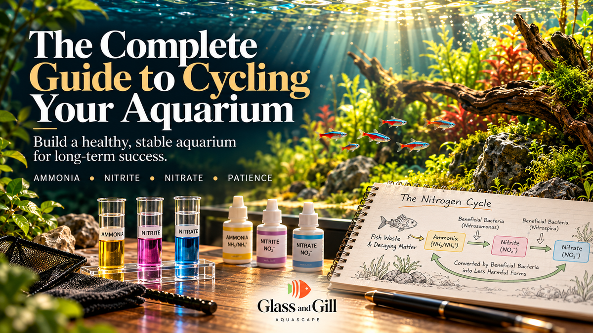 Aquarium cycling guide banner illustrating the nitrogen cycle and a freshly set up beginner aquarium.