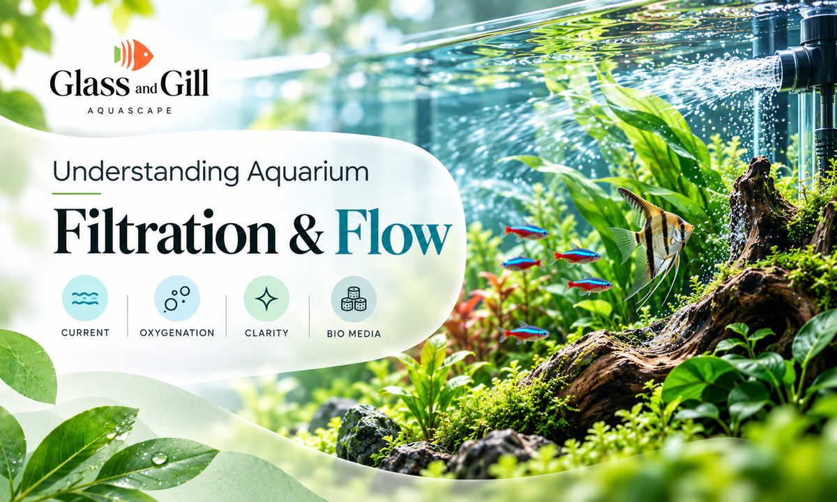 Aquarium filtration and flow banner showing strong water movement, oxygenation and a healthy planted tank.