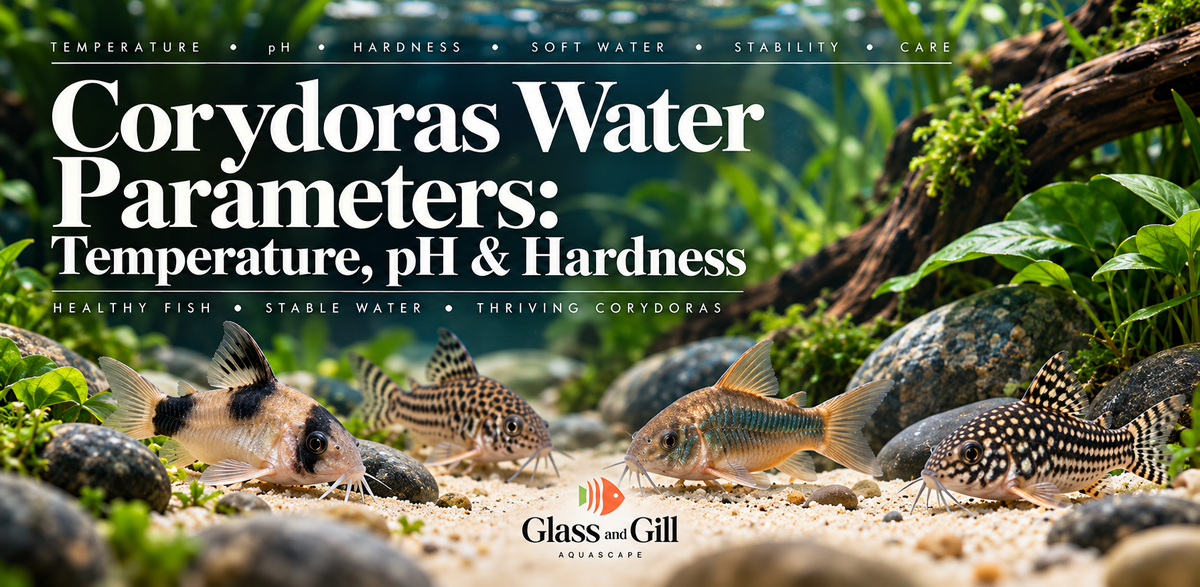 Corydoras catfish in a clean aquascape illustrating water parameters such as temperature, pH and hardness.