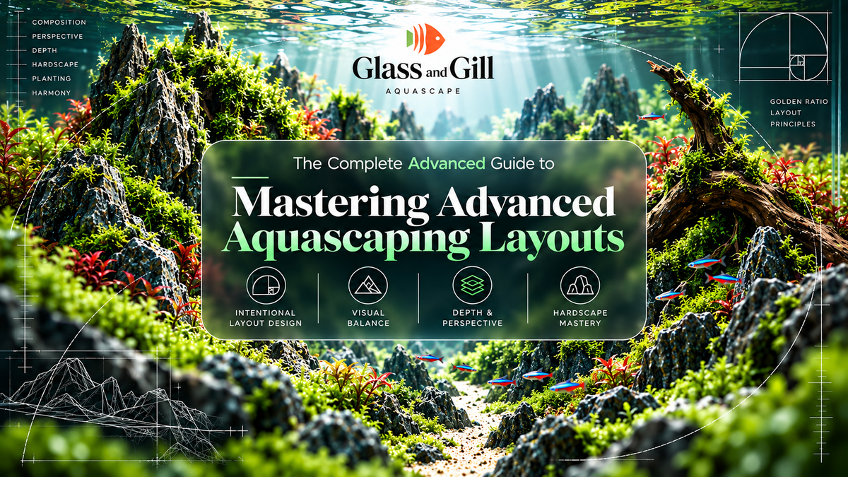 Advanced aquascaping layout banner showing layered hardscape, strong depth, negative space and mature planted composition.