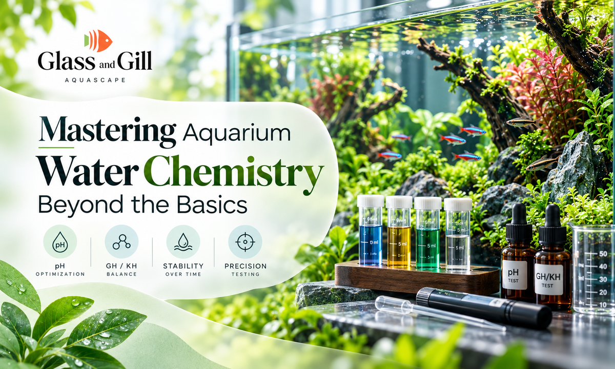 Advanced aquarium water chemistry banner with test equipment beside a mature planted aquarium.