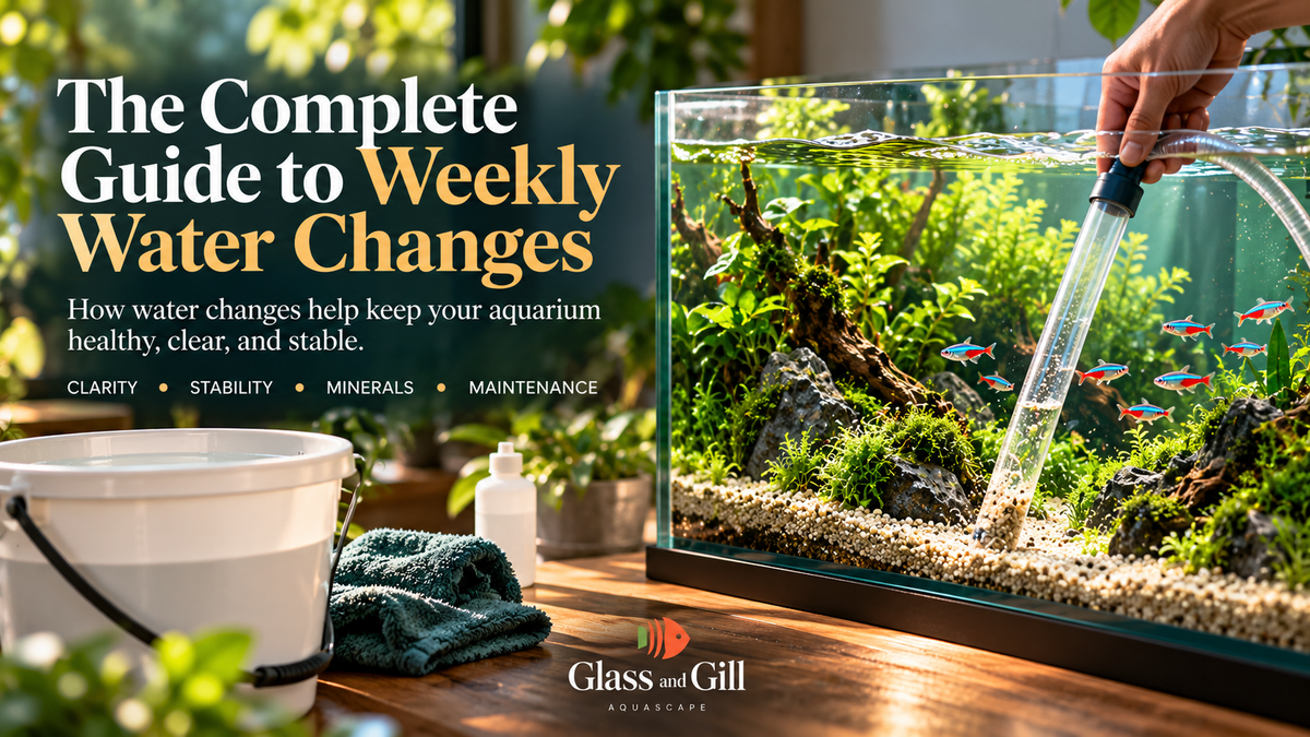 Weekly aquarium water changes guide with a planted tank and practical maintenance tools.