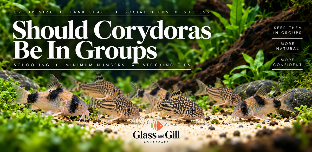 A group of Corydoras catfish schooling and foraging together on sand in a planted aquarium.