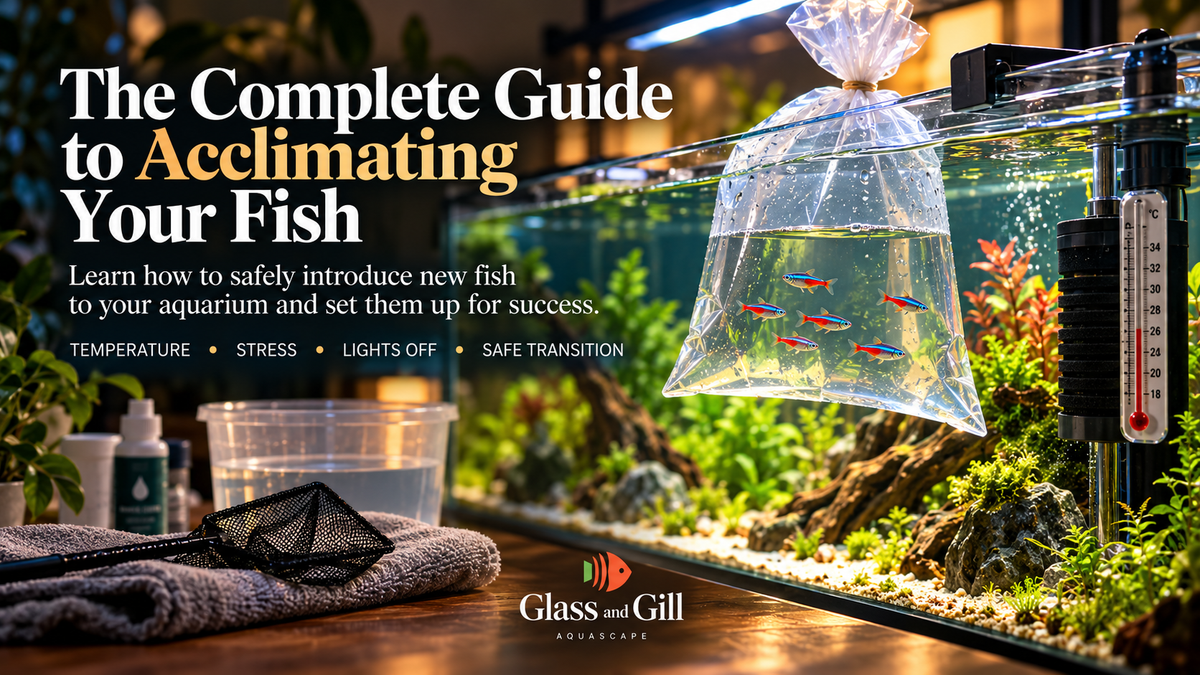 Fish acclimation guide banner showing safe transfer and acclimation into a freshwater aquarium.