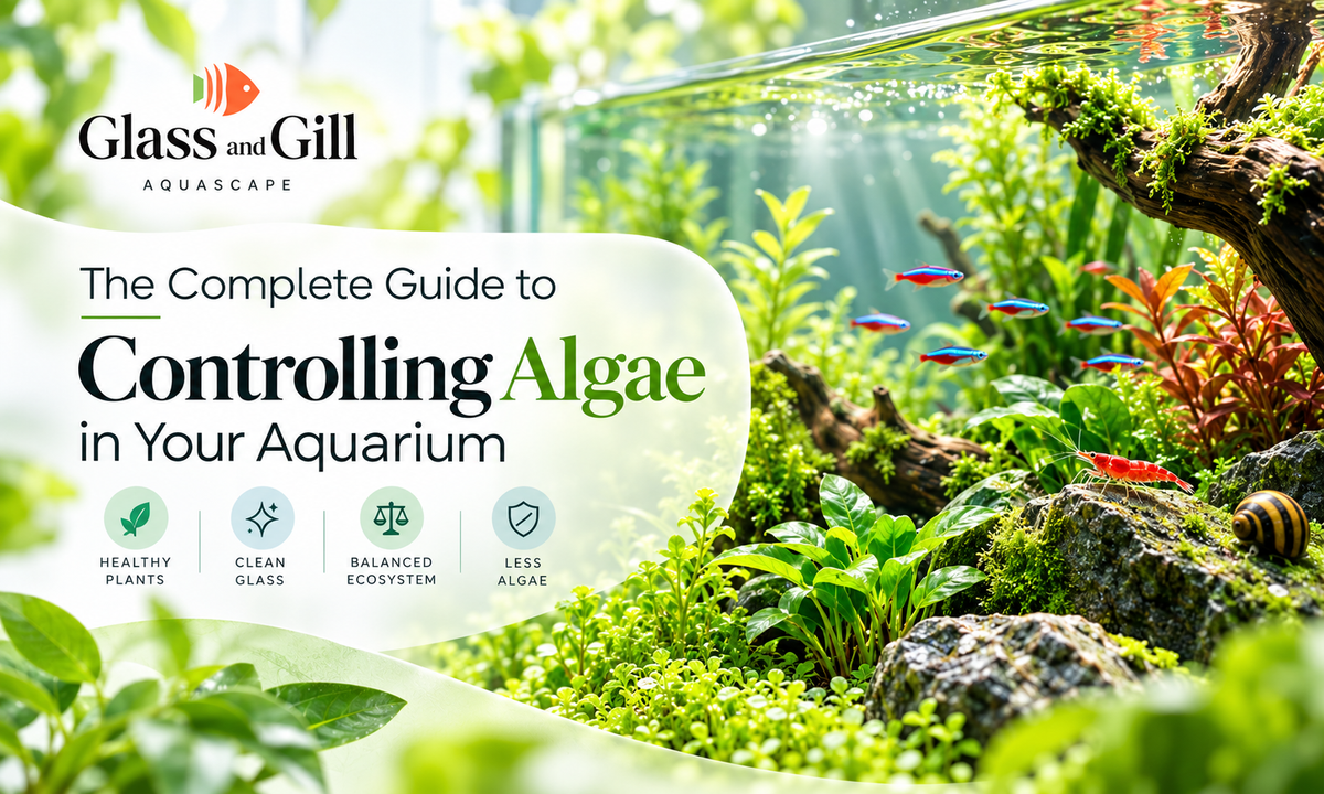 Algae control banner showing a healthy planted aquarium with algae-eating livestock and balanced growth.