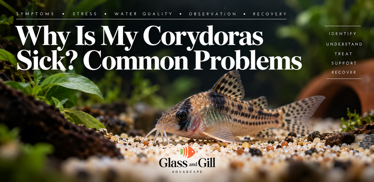 Close-up Corydoras catfish in an aquarium illustrating illness symptoms, stress and common care problems.