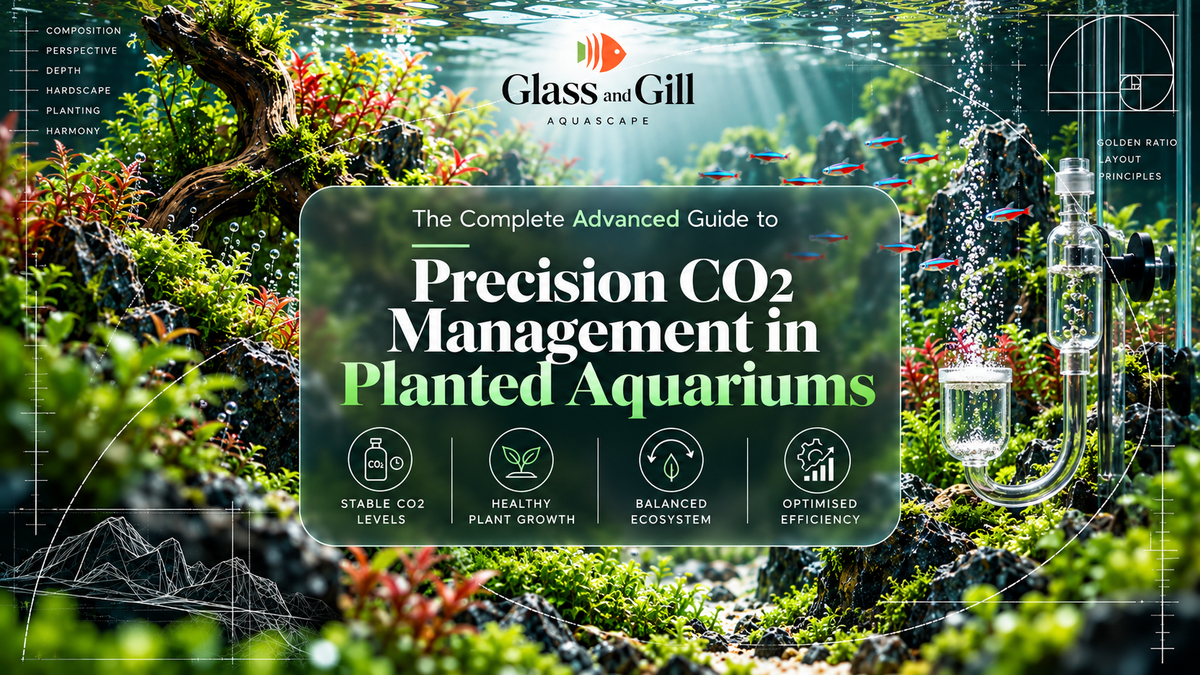 Precision CO2 management banner showing advanced gas injection, circulation and dense healthy plant growth in a high-tech aquarium.