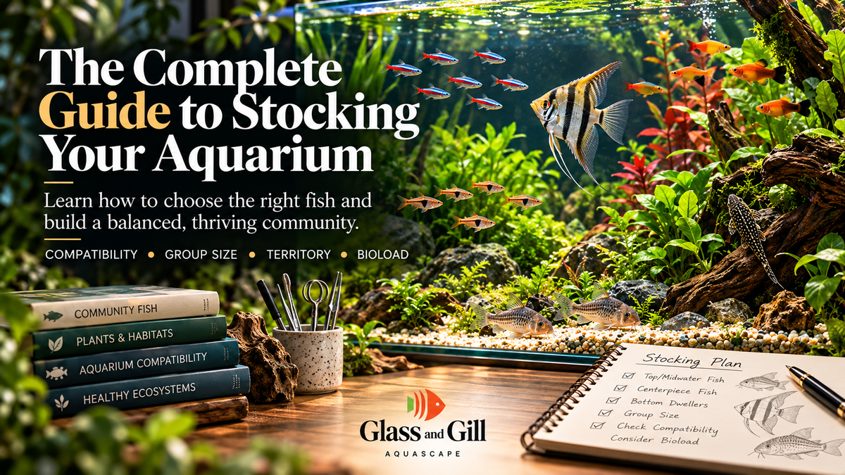 Aquarium stocking guide banner showing a balanced community tank and species planning concepts.