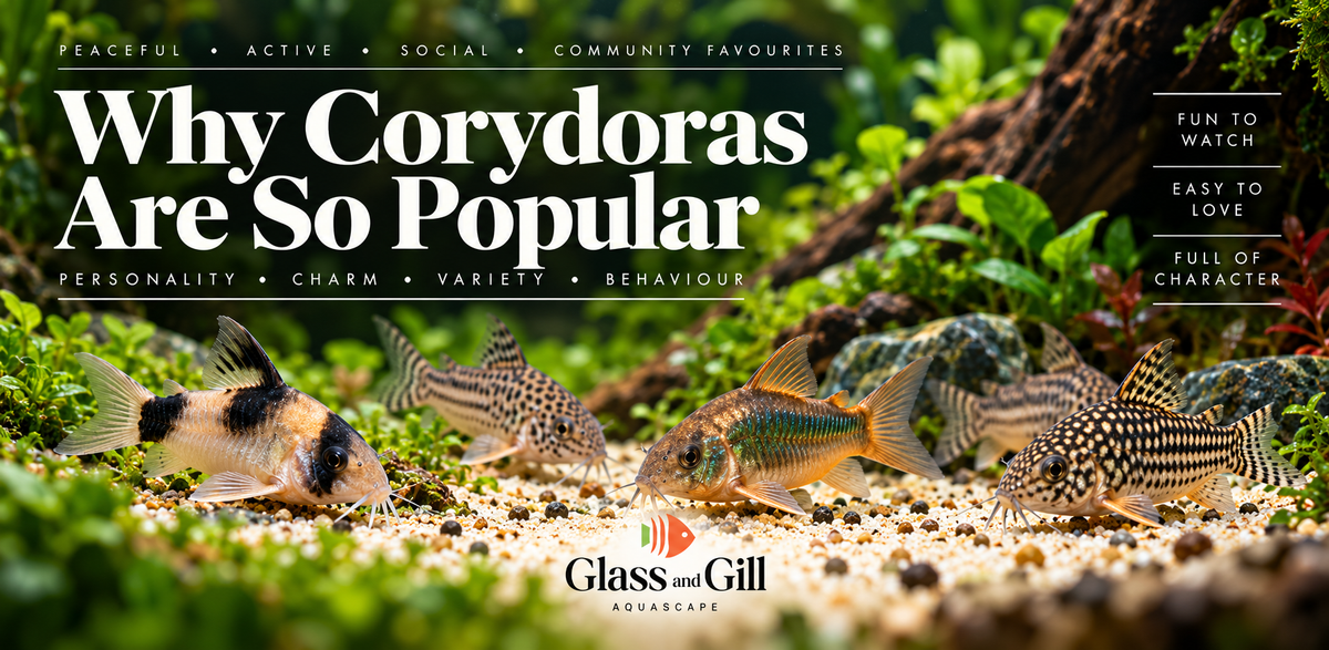 A lively group of Corydoras catfish showing personality and social behaviour in a lush aquascape.
