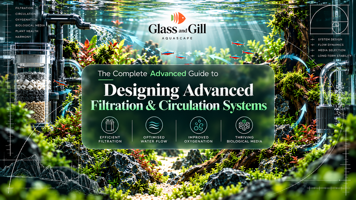 Advanced filtration and circulation banner showing engineered water movement, filtration equipment and a mature freshwater aquarium.