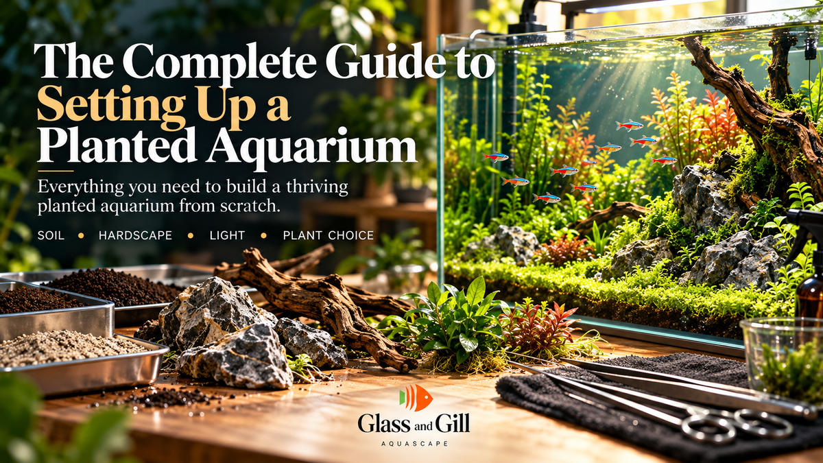 Planted aquarium setup guide banner with lush aquascaping, substrate, hardscape and healthy plant growth.