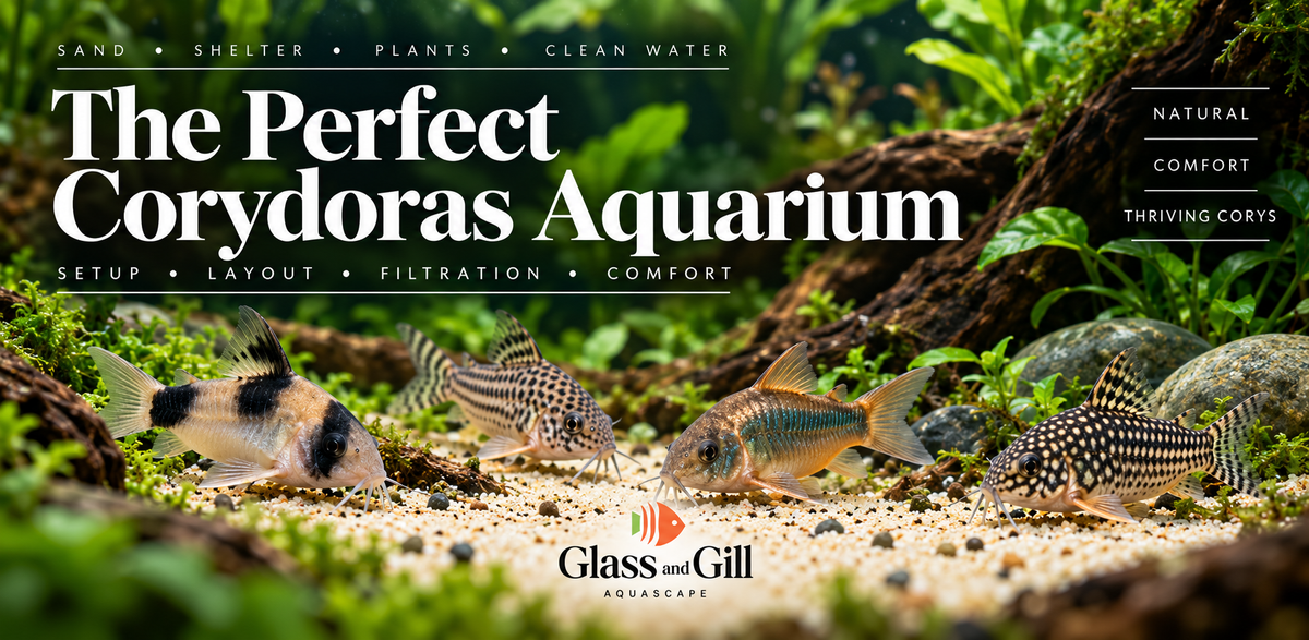 Corydoras catfish in an ideal aquarium setup with sand, driftwood, plants and smooth stones.