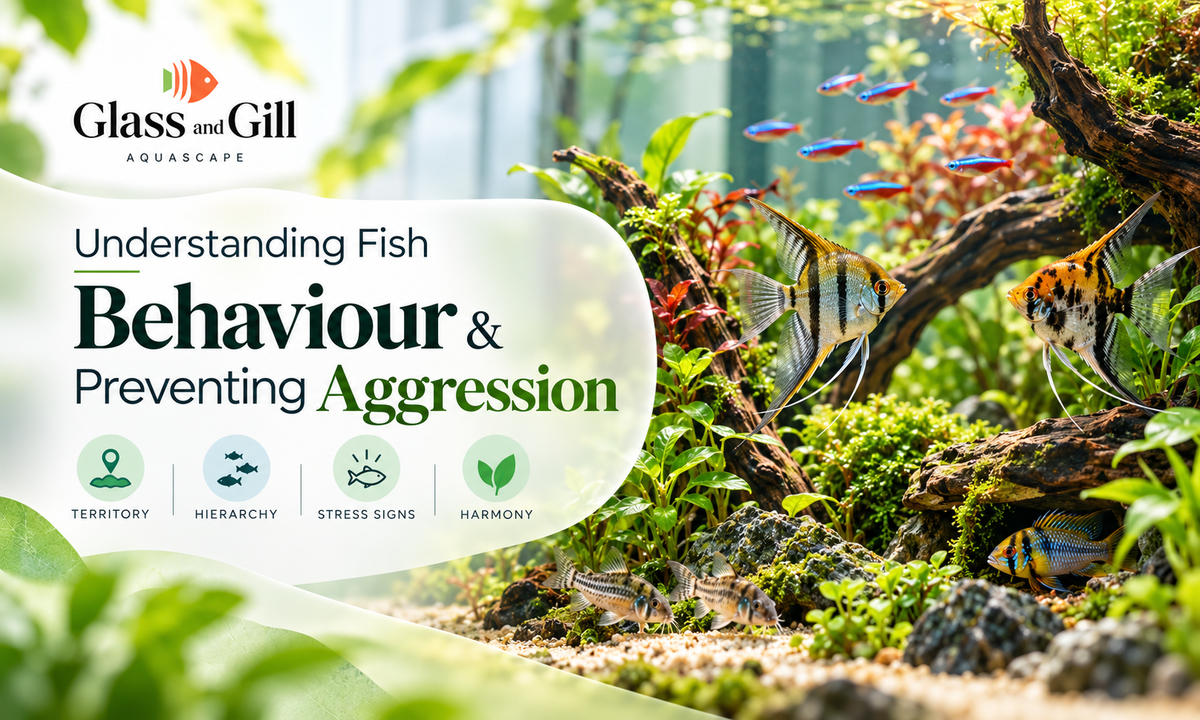 Fish behaviour and aggression banner showing territorial interaction and community dynamics in a planted aquarium.