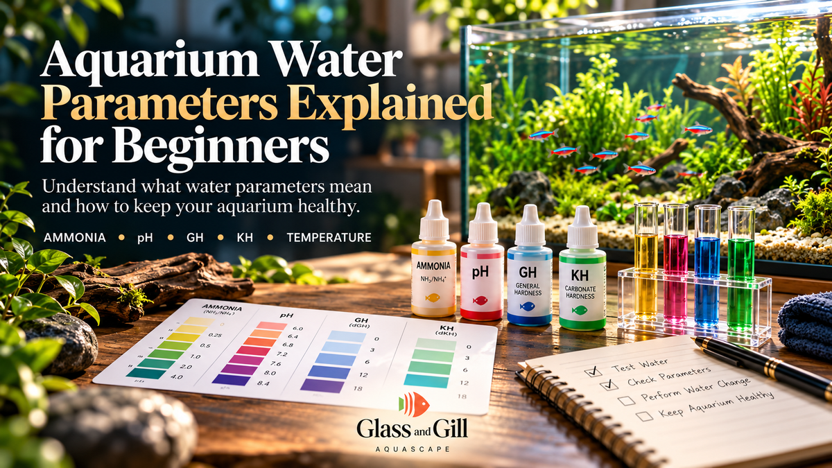 Aquarium water parameters banner showing test kits and a planted aquarium for beginners learning pH, ammonia, nitrite and nitrate.