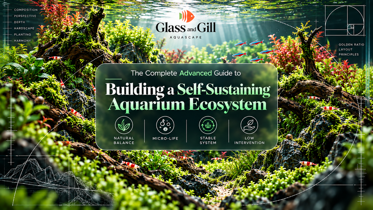 Self-sustaining aquarium ecosystem banner showing plants, fish and natural biological processes in a mature balanced tank.