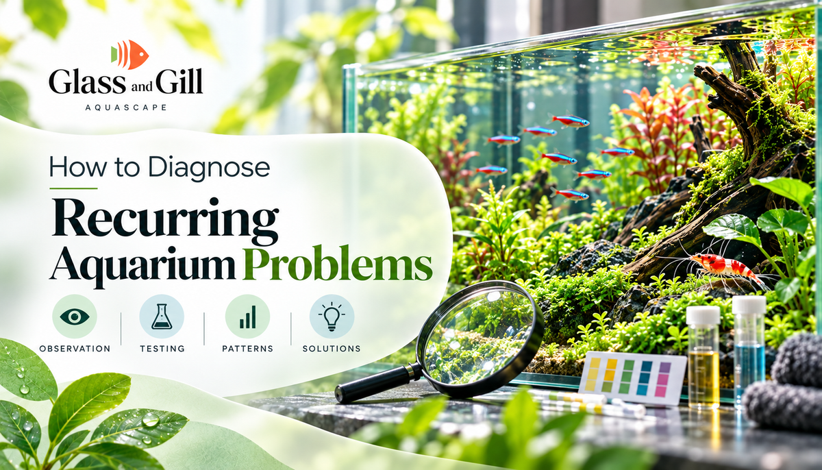 Aquarium troubleshooting banner with observation and water-testing tools beside a mature planted tank.