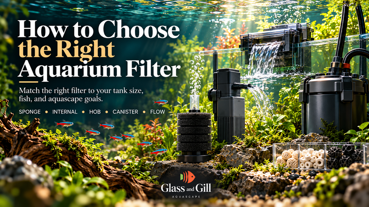 Aquarium filter guide banner showing filtration choices and a clean freshwater tank environment.