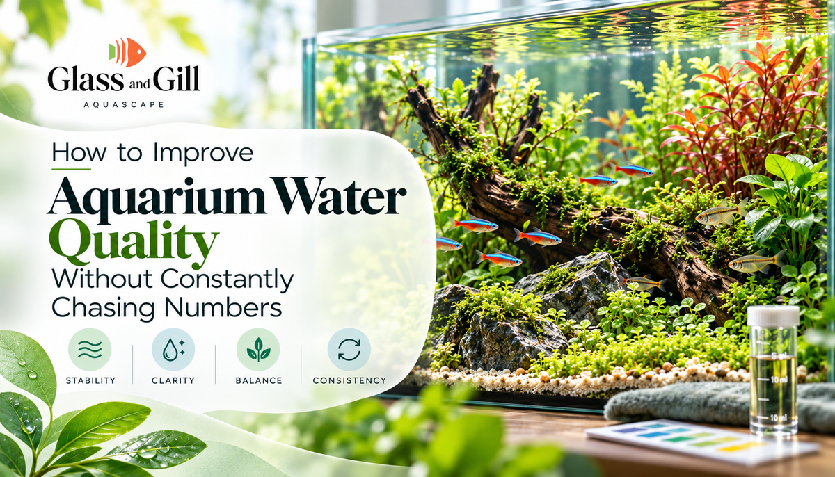 Aquarium water quality banner focused on stability, balance and clear water in a mature freshwater aquarium.