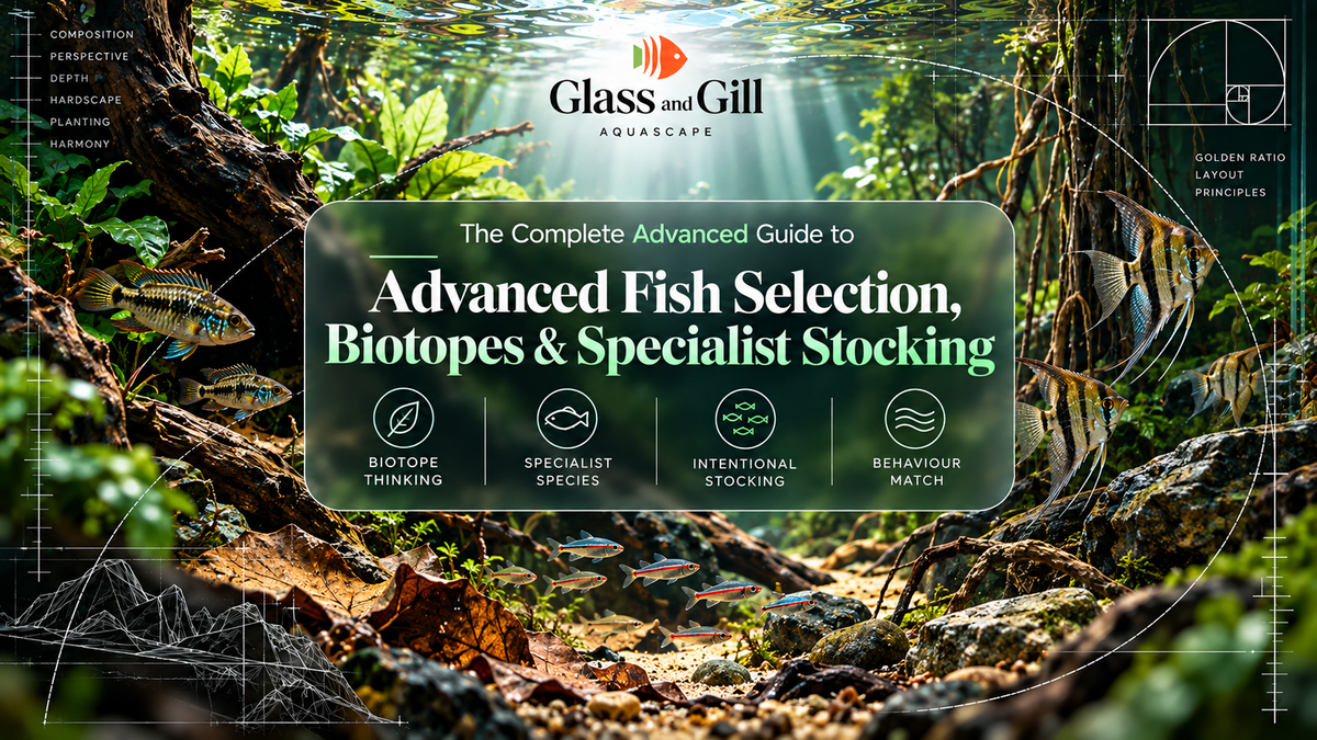 Advanced fish selection and biotope stocking banner showing specialist freshwater species in a habitat designed around natural behaviour and environmental needs.