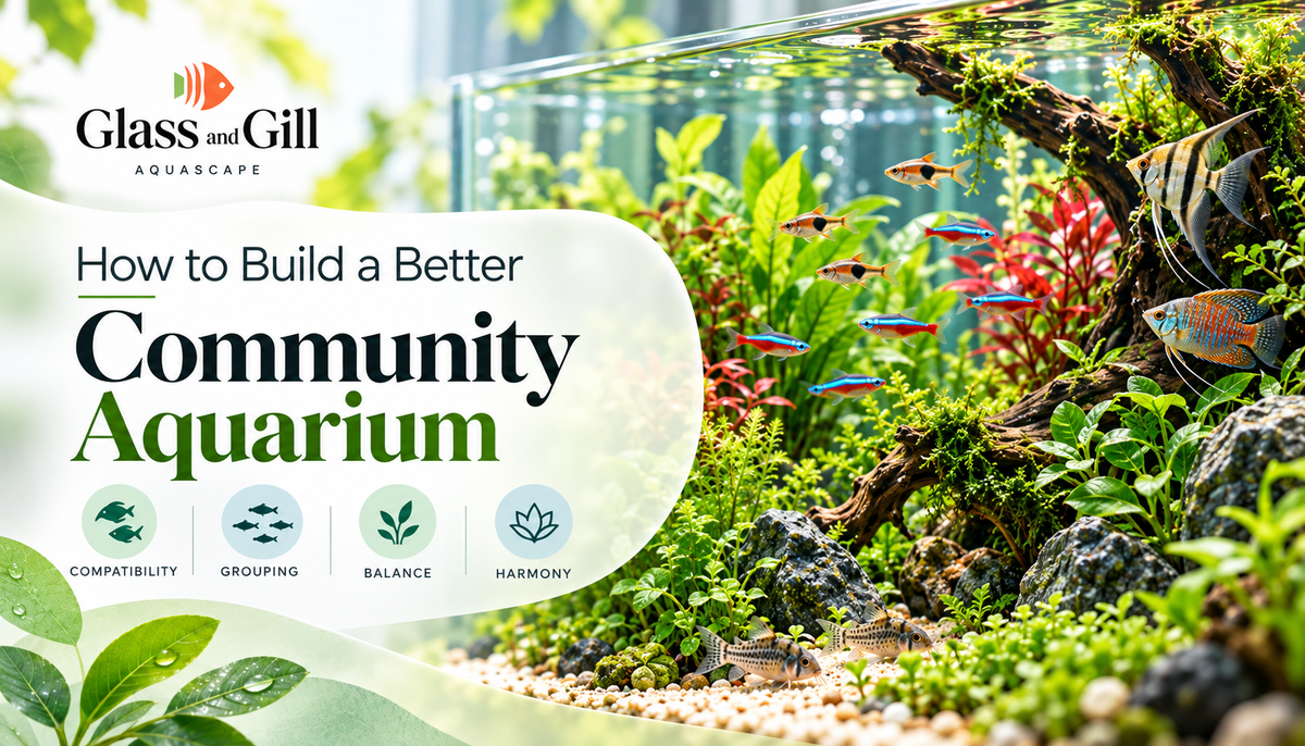 Community aquarium banner showing compatible mixed freshwater species in a balanced planted tank.