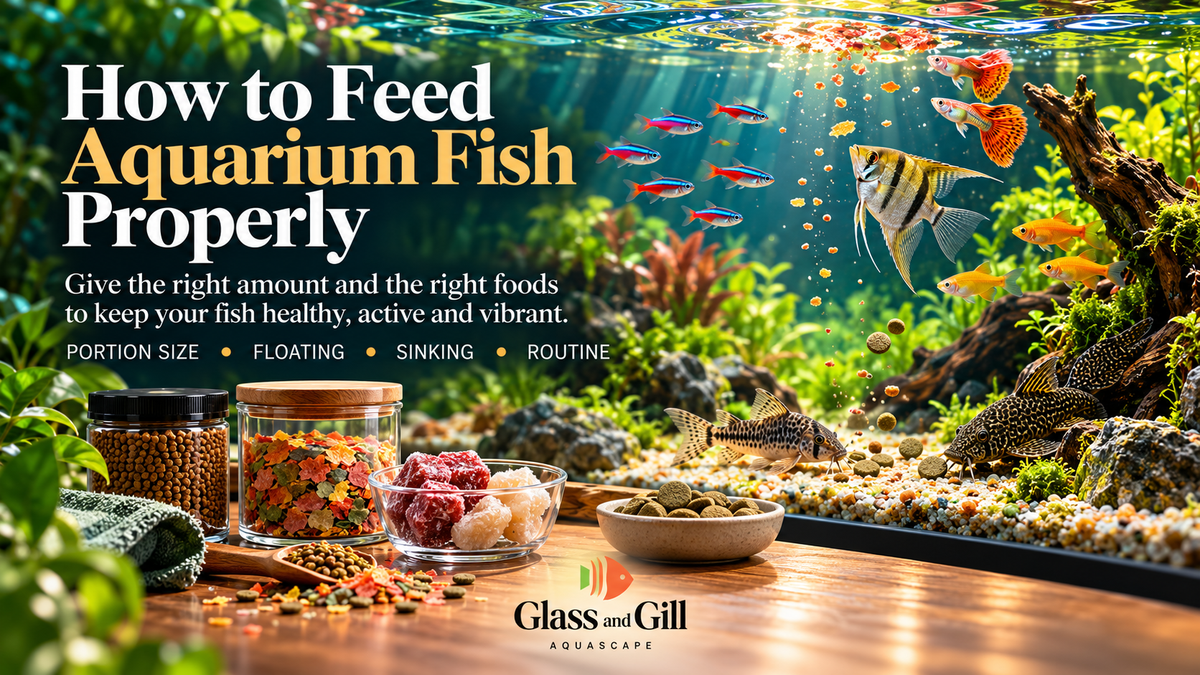Aquarium fish feeding guide banner with food types and a community freshwater aquarium scene.