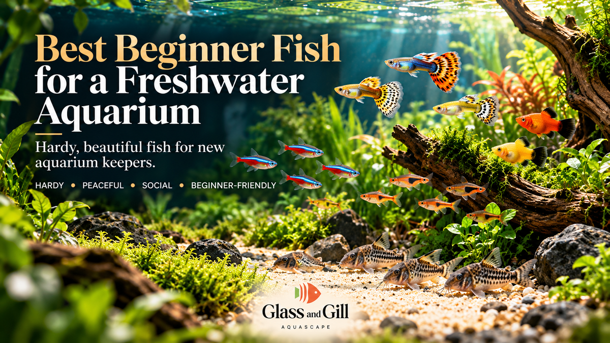 Best beginner freshwater fish banner showing suitable starter species in a planted aquarium.