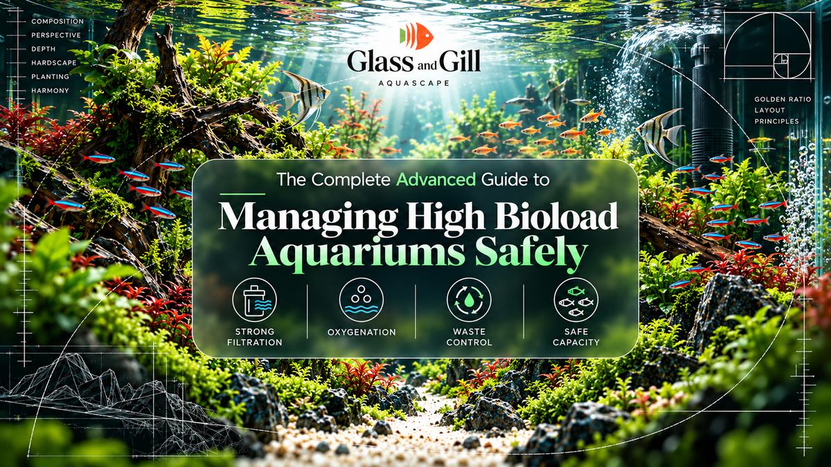 High bioload aquarium management banner showing large freshwater fish, strong filtration and controlled oxygenation in a heavily stocked system.