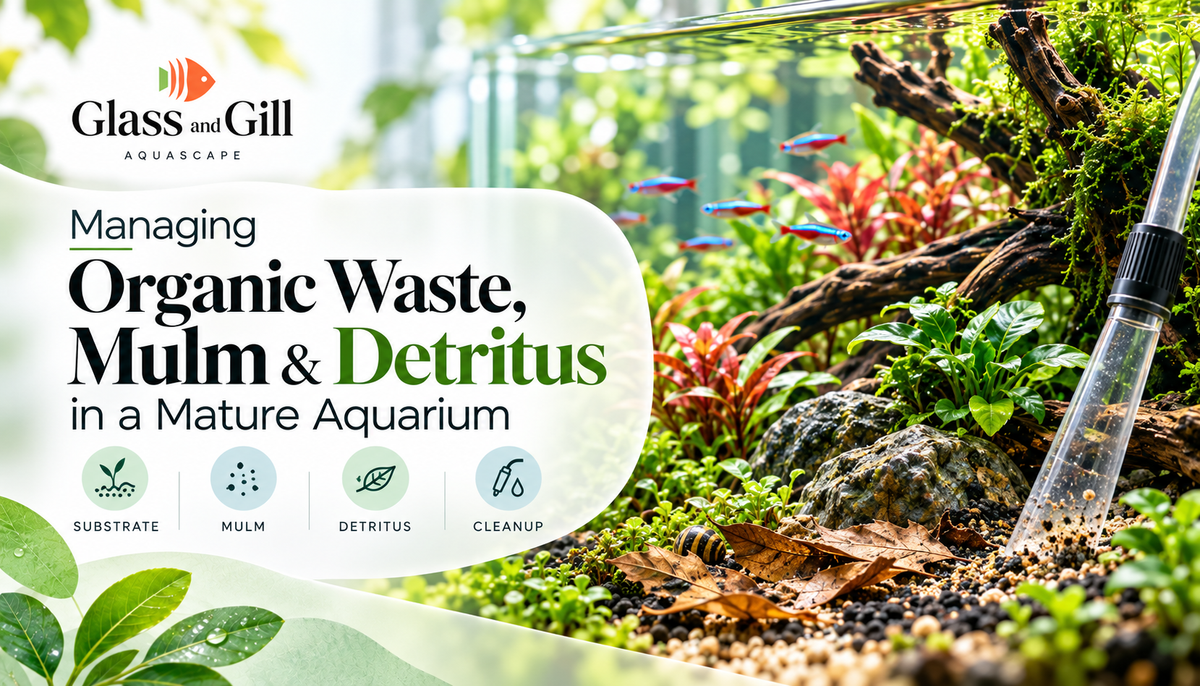 Organic waste, mulm and detritus banner showing substrate maintenance in a mature planted aquarium.