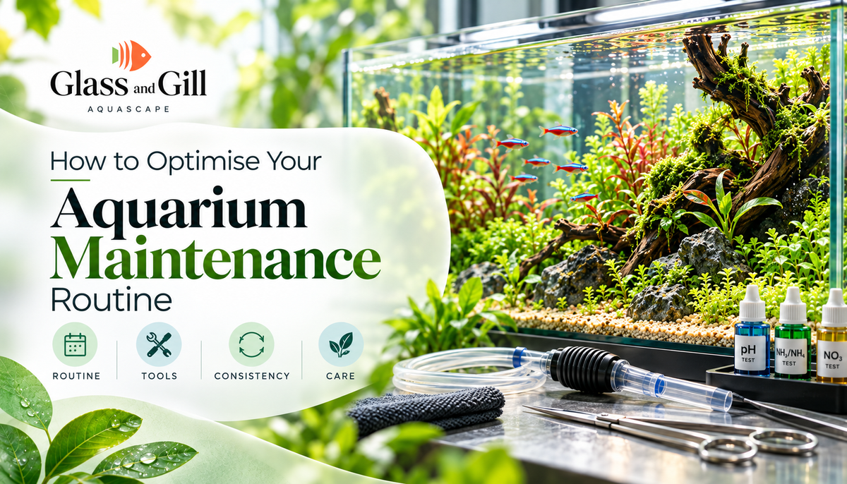 Aquarium maintenance routine banner showing efficient tools and a healthy established planted tank.