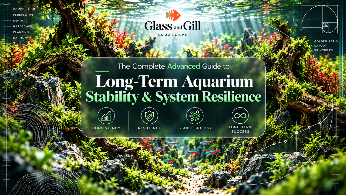 Long-term aquarium stability and resilience banner showing a mature freshwater system built with dependable equipment and biological margin.