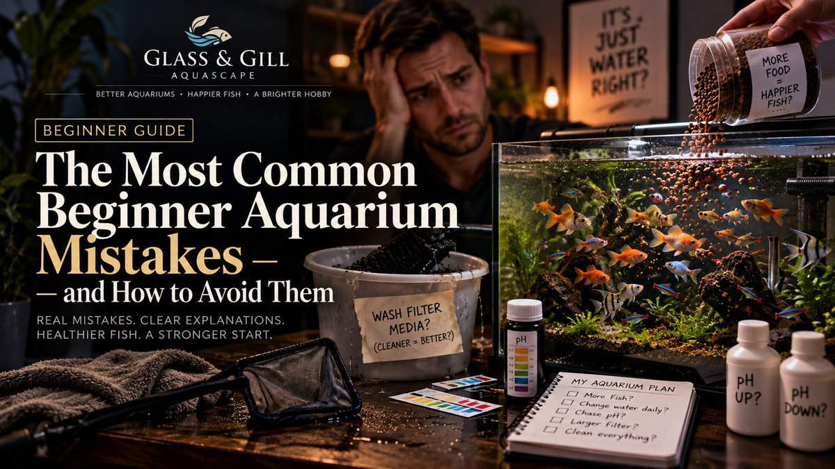 Beginner aquarium mistakes banner showing overfeeding, pH chasing, filter mistakes and common early fishkeeping errors.