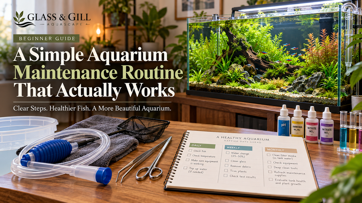 Aquarium maintenance routine banner showing a planted tank, testing supplies, siphon and a practical daily, weekly and monthly care checklist.