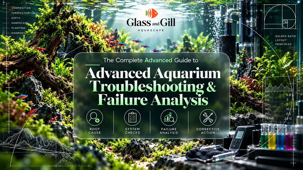 Advanced aquarium troubleshooting banner showing diagnostics, equipment checks and failure analysis in a complex freshwater system.