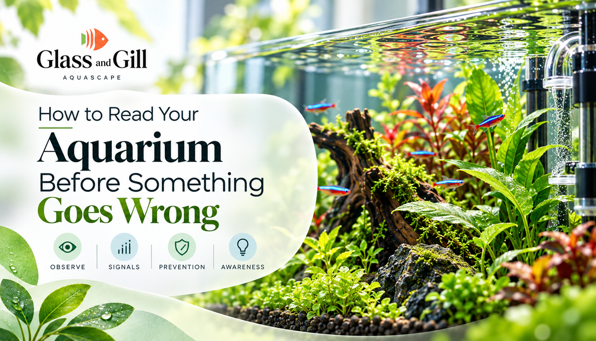 Aquarium observation banner focused on reading early warning signs in fish, plants, water and equipment.