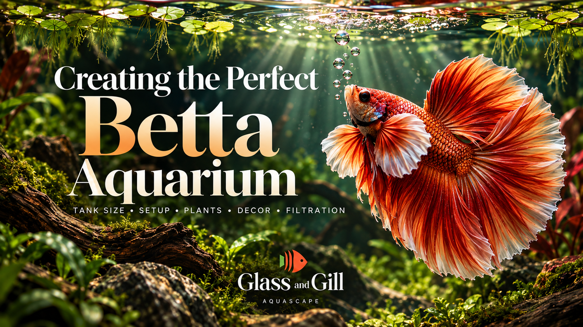 Planted Betta aquarium with live plants, wood and open swimming space