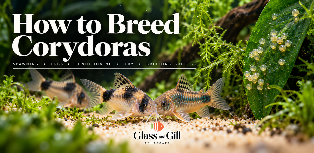 Corydoras breeding guide showing adult Corydoras and eggs in a planted aquarium