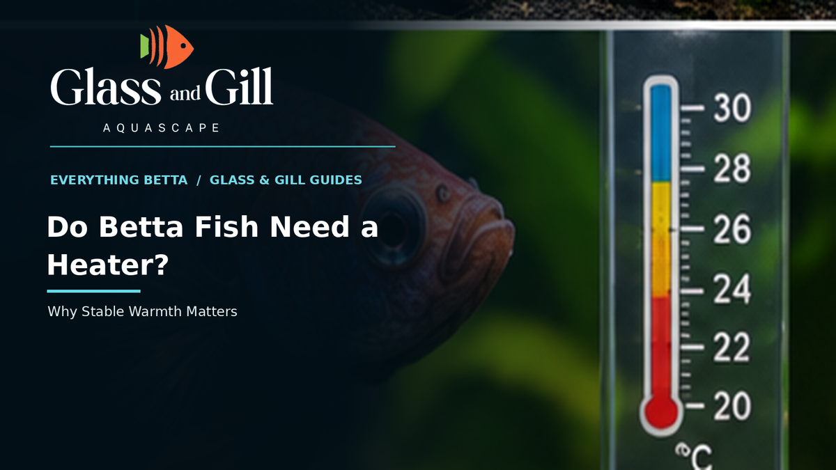 Betta fish near tank thermometer — Glass & Gill heating guide