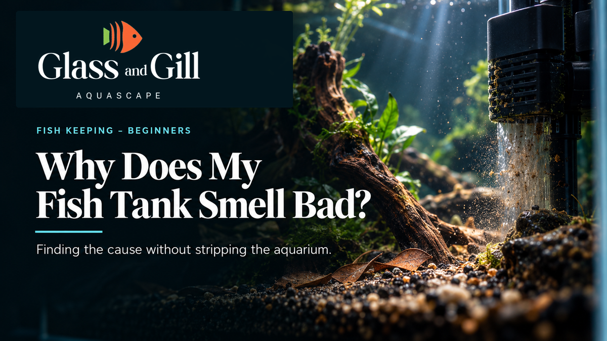 Aquarium filter and substrate debris illustration for fish tank odour guide