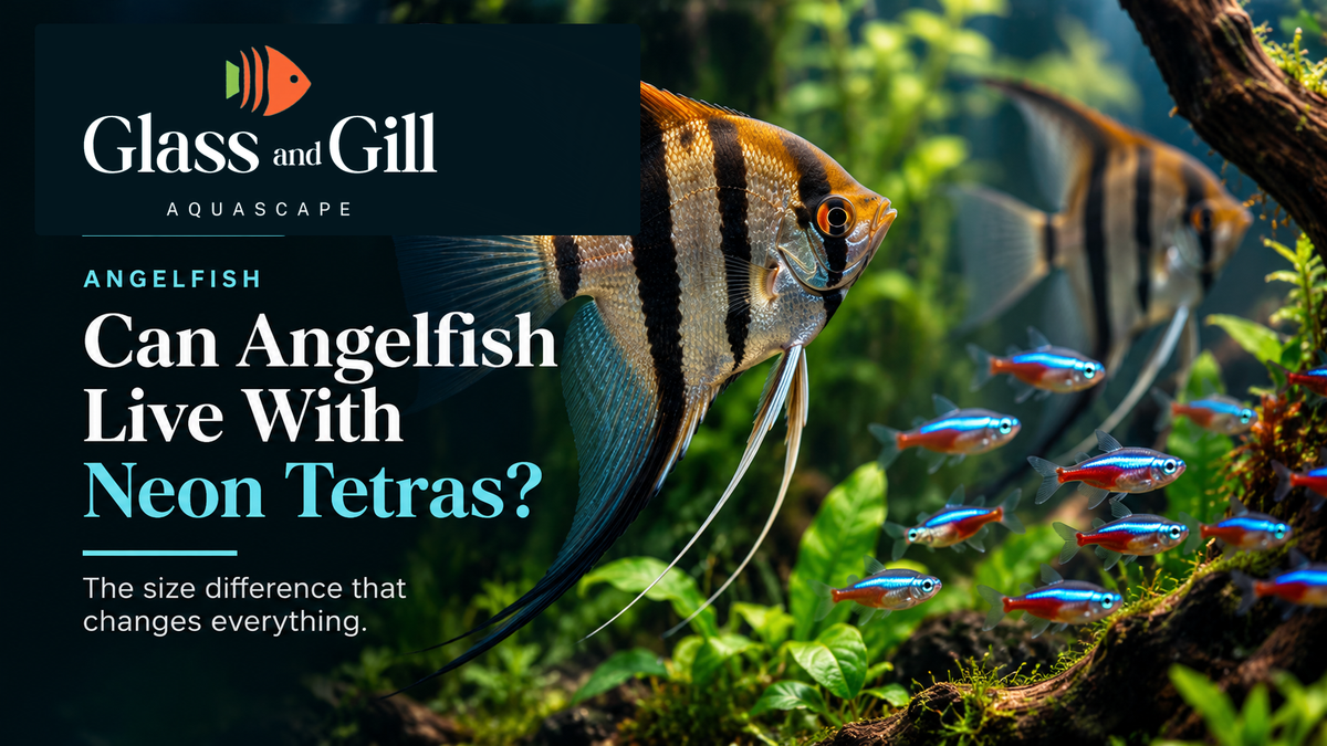 Angelfish swimming near Neon Tetras in planted aquarium