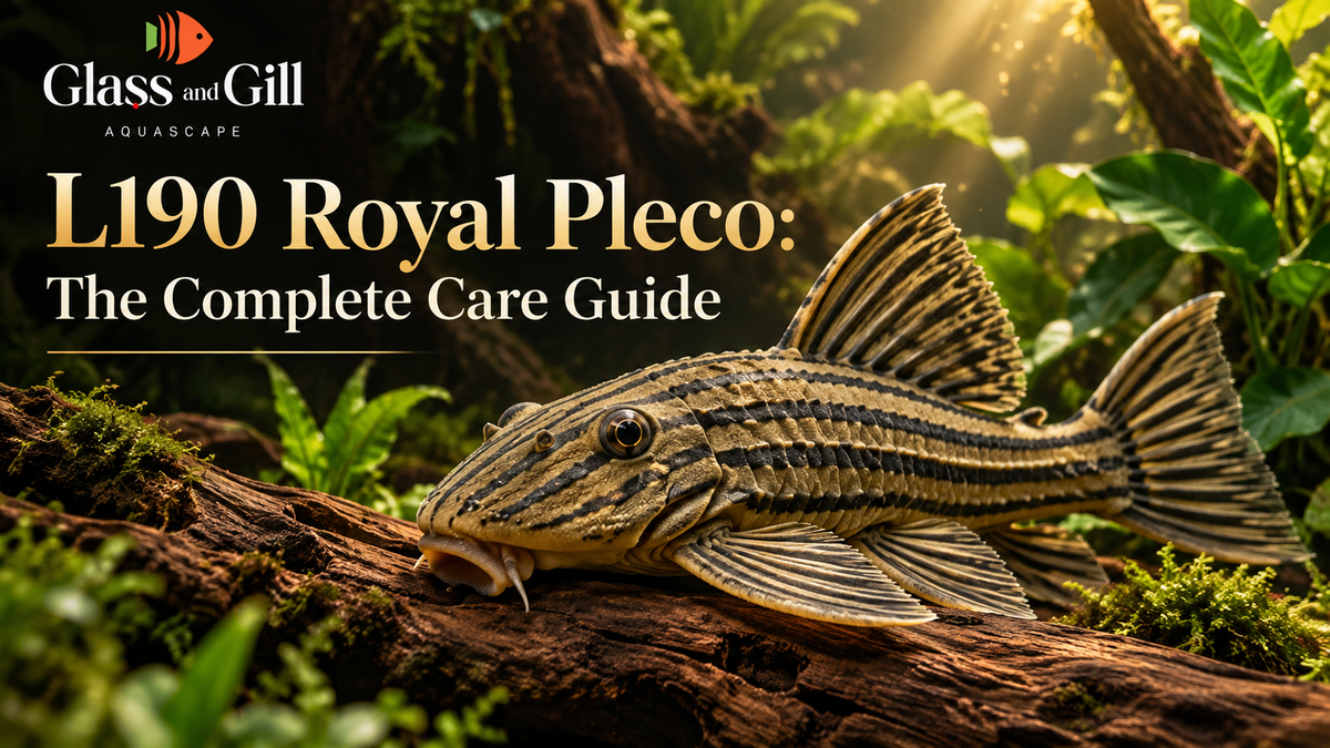 Editorial illustration for the L190 Royal Pleco care guide, showing a striped Panaque on driftwood.