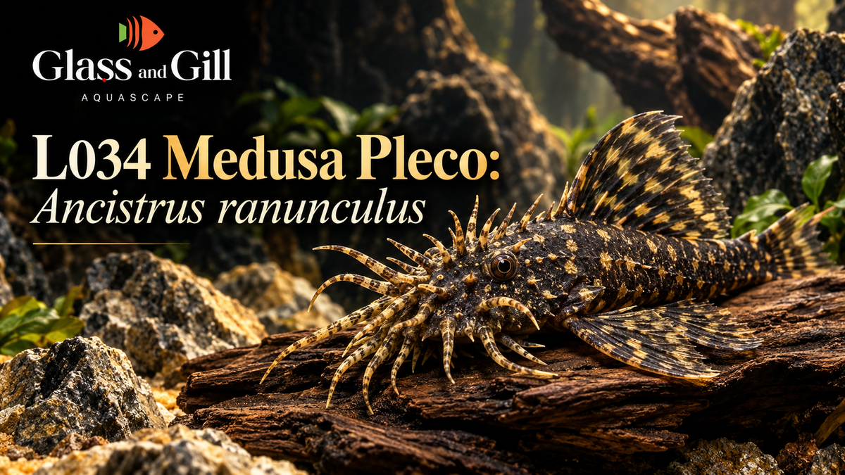 Illustrated L034 Medusa Pleco among stone and driftwood; editorial article banner.