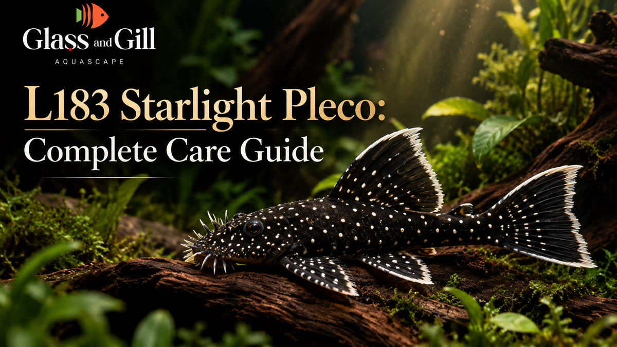 Illustrated L183 Starlight Pleco among aquarium wood and plants.