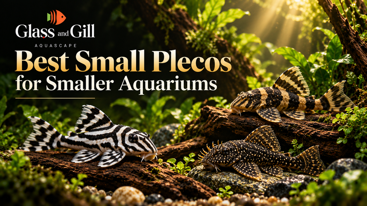 Editorial banner illustrating smaller Pleco varieties in a planted aquarium.