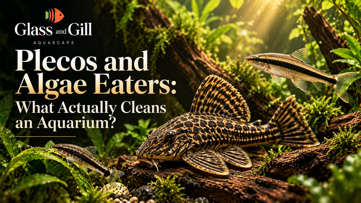 Plecos and algae eaters editorial illustration for aquarium care education.