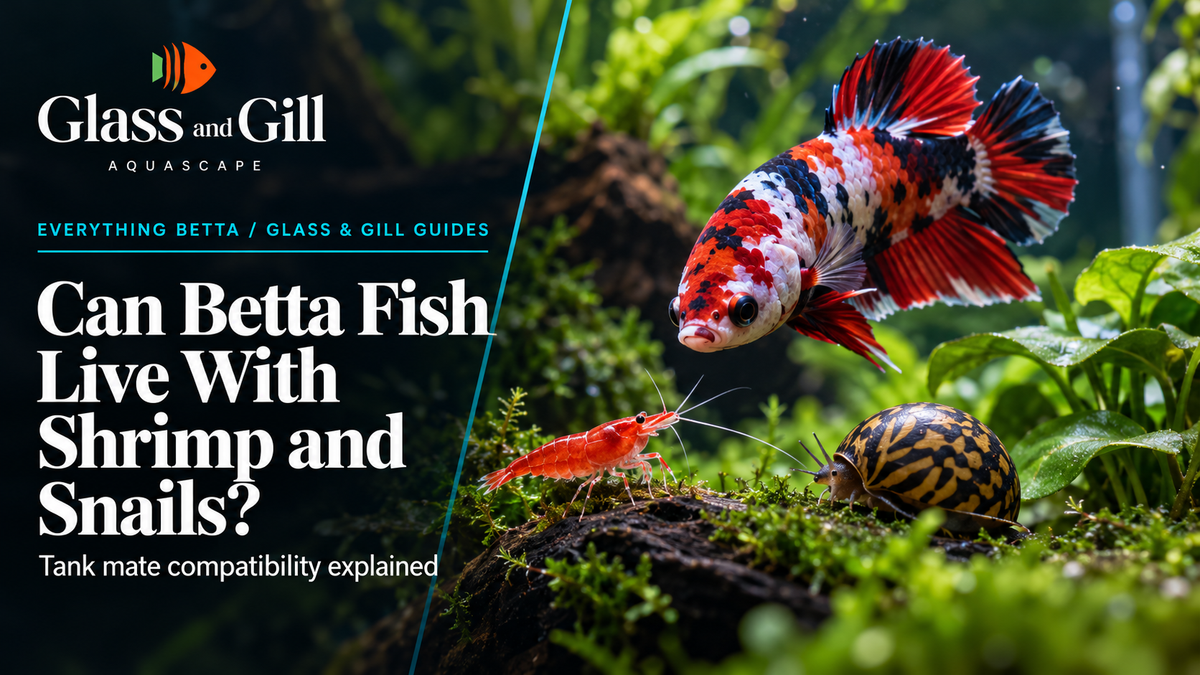 Multicoloured Betta fish with freshwater shrimp and snail in a planted aquarium
