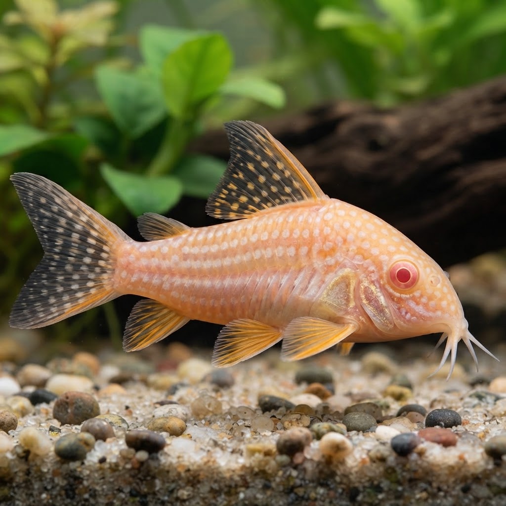 Albino Sterbai Corydoras — natural planted aquarium illustration
